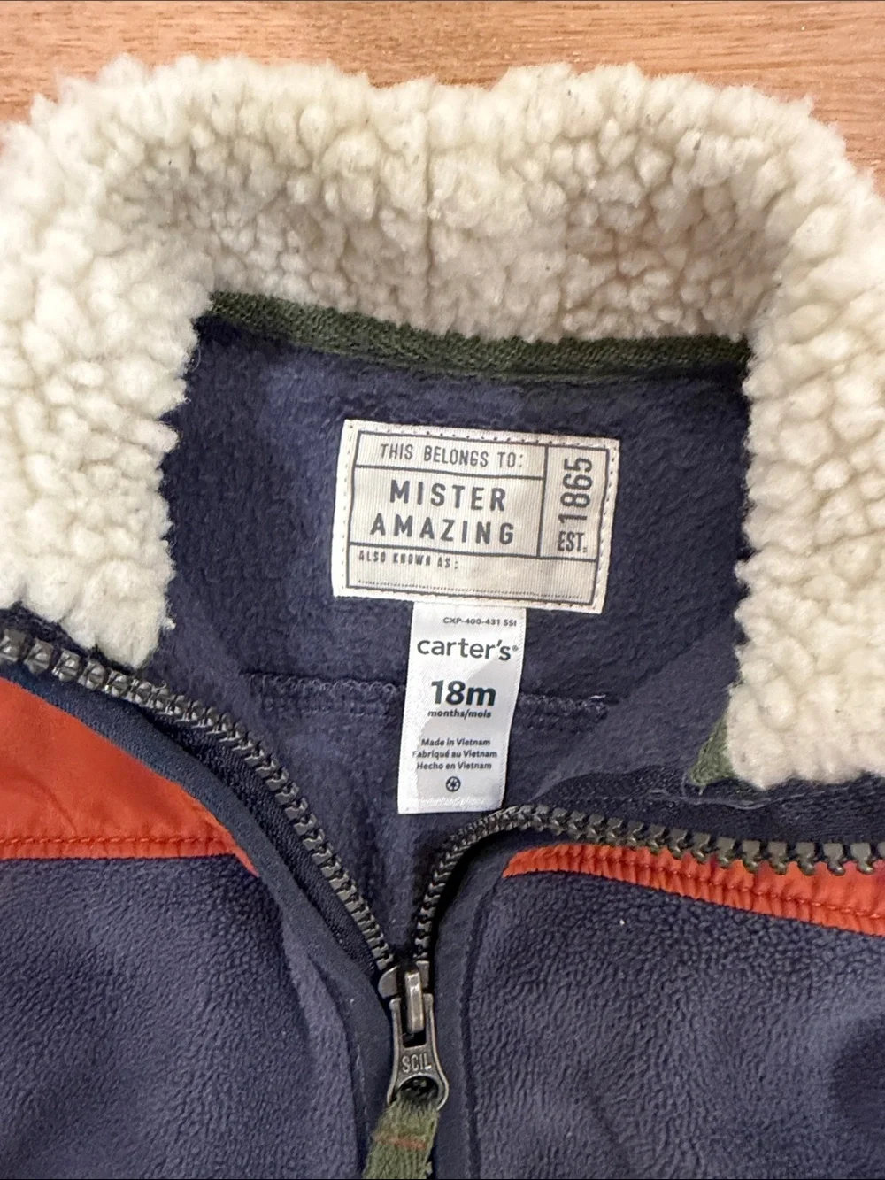 Carter's Navy and Rust Fleece Puffer Jacket with Sherpa Collar